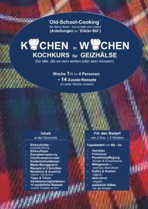 Dieser Laienkochkurs entstammt keiner Versuchsküche, sondern jahrzehntelanger Erfahrung aus der Familienpraxis. Er bietet einfache Gerichte mit Anleitungen in 3 Schritten und Transparenz zu den Kosten durch Kalkulationstabellen. Er enthält außerdem Wissenswertes, wie Tipps und Tricks, Variationen und Umgang mit Resten. Gewürzt ist er mit einer kompl. Einkaufsliste und Speisekarten für 4 Wochen. Angereichert ist er mit 14 Zusatz-Rezepten, verfeinert mit Zitaten namhafter Personen und einem Rückblick auf Früher und Ausblick auf Morgen. Somit ist dieser Kochkurs auch ein Besinnungs- und Bewusstmachungskurs zu den Themen Umwelt, Einkaufen, Kochen, Einteilen und Sparen. Und ganz nebenbei- auch ein kleines Lesebuch!