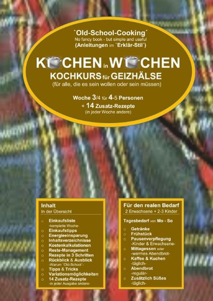 Dieser Laienkochkurs entstammt keiner Versuchsküche, sondern der Erfahrung aus der Familien-Praxis. Er bietet einfache Gerichte mit Anleitungen in 3 Schritten und Transparenz zu den Kosten durch Kalkulationstabellen. Gewürzt ist er mit Tipps und Tricks, Variationen und Umgang mit Resten, angereichert mit einer Einkaufsliste und 14 Zusatzrezepten und verfeinert mit Zitaten namhafter Personen, dazu einem Rückblick auf Früher und Ausblick auf Morgen. Dieser Kochkurs ist auch ein Besinnungs- und Bewusstmachungskurs zu den Themen Umwelt, Einkaufen, Kochen, Einteilen und Sparen. Und, ganz nebenbei, ein Ratgeber und nettes Lesebuch!