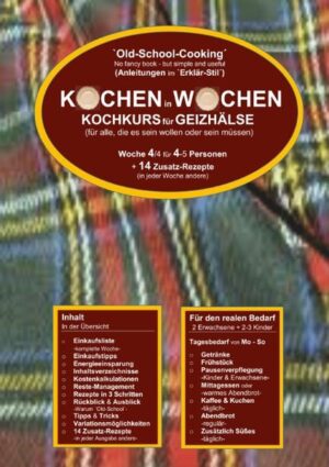 Dieser Laien-Kochkurs entstammt keiner Versuchsküche, sondern jahrzehntelanger Erfahrung aus der Familien-Praxis. Er bietet einfache Gerichte mit Anleitungen in 3 Schritten und Transparenz zu den Kosten durch Kalkulationstabellen. Gewürzt ist er mit Tipps und Tricks, Variationen und Umgang mit Resten, angereichert mit einer Einkaufsliste und 14 Zusatz-Rezepten und verfeinert mit Zitaten namhafter Personen, dazu einem RÜCKBLICK auf `FRÜHER und AUSBLICK auf MORGEN. Dieser Kochkurs ist auch ein Besinnungs- und Bewusstmachungskurs zu den Themen Umwelt, Einkaufen, Kochen, Einteilen und Sparen. Und, ganz nebenbei, ein Ratgeber und kleines Lesebuch!