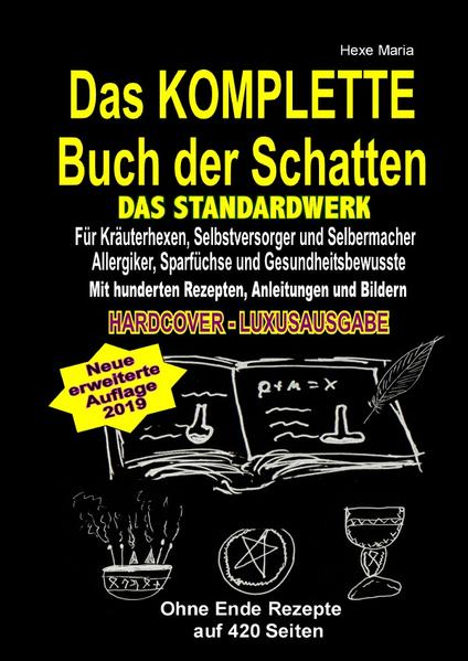 Dies ist die Luxusausgabe als edles, robustes Hardcover! So viel Luxus muss sein! Aber dieses Buch gibt es auch als Softcover für weniger Geld! So oder so Sie sparen deutlich gegenüber des Einzelkaufs der 6 Rezeptbücher! In Neuauflage (Juli 2019) mit noch mehr Rezepten und somit jetzt über 440 Seiten! Das KOMPLETTE Buch der Schatten! (Über 440 Seiten ca. 1 KG) In diesem großen, mächtigen und schweren Werk, sind mehrere hundert Rezepte, Anleitungen, Bilder, übersichtliche Tabellen, dutzende Tee- Rezepte, klassische und außergewöhnliche Rezepte zur Herstellung von Salben, Ölen, Tinkturen, Shampoos, Seifen, Sirups, Kräuterkissen und vielem mehr! Zusätzlich gibt es übersichtliche Tabellen zur Verwendung und Nutzen von ätherischen Ölen und Räuchermitteln, viele bebilderte Schritt für Schritt- Anleitungen für besonders leichtes Gelingen, einem kleinen Kräuterlexikon mit zusätzlichen Rezepten und vieles vieles mehr. Dieses wuchtige Werk lässt keine Wünsche übrig. Daher ist es ideal geeignet für alle Kräuterhexen, Selbstversorgerinnen, Selbermacherinnen, Allergikerinnen, Sparfüchsinnen, Gesundheitsbewusste und zur Krisenvorsorge! Ein Muss für alle, die das Meiste und Beste aus Ihrer Zeit, Gesundheit und Geld herausholen wollen! Hinweis: Dieses dicke, schwere Buch enthält die komplette 6- teilige Rezeptbuchreihe! Wenn Sie dieses Buch haben, brauchen dann natürlich keines der 6 anderen Bücher mehr zu kaufen!