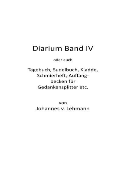 Außer Bemerkungen persönlicher Art, wie sie sich aus dem Tagesgeschehen ergeben, enthält das Buch Ergänzungen zum „System“ (siehe Diarium III + das System!) insbesondere zu Problemen, die mit dem Autarkiegedanken im Zusammenhang stehen. Ferner Betrachtungen zu Platons staatswissenschaftlichen Schriften (Politeia, Nomoi, der Staatsmann und Timaios). Dann beschäftigt es sich mit Karl R. Poppers Büchern: „Die Offene Gesellschaft und ihre Feinde.“ und „Alle Menschen sind Philosophen“. - Über hundert Seiten lang liefert es Traumaufzeichnungen. Da ich mich heute nie mehr an die Träume meiner Nächte erinnere, kommen mir jene Aufzeichnungen wertvoll vor, was man narürlich nicht von jedermann erwarten kann. Ferner gibt es Anmerkungen zu Jochen Kleppers Buch: Der Vater (womit König Friedrich Wilhelm I. von Preußen, der sogenannte „Soldatenkönig“ und Vater von Friedrich dem Großen gemeint ist und dessen Aufbauarbeit gewisse Parallelen zu Lehmanns System aufweist.