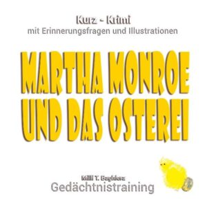 Für Menschen mit Demenz MARTHA MONROE UND DAS OSTEREI Kurzkrimi mit vielen Zwischenfragen Super zum Vorlesen zu zweit, allein oder in der Gruppe. Ein neues Abenteuer wartet auf die Klavier- und Geigenlehrerin Martha Monroe. Diesmal entdeckt Martha in ihrem Garten einen Maulwurfshügel. Einen Maulwurfshügel auf ihrem Rasen, das geht gar nicht! Da will sie gleich Abhilfe schaffen. Sie holt Arbeitsmaterial, um wieder für Ordnung zu sorgen. Doch manchmal ist alles ganz anders, als es im ersten Moment scheint. Lassen Sie sich gemeinsam mit Martha Monroe überraschen. Überraschen, was sich alles im Garten ereignen kann. Die Kurzkrimis der Reihe MARTHA MONROE, sind für Menschen geschrieben, die Probleme mit ihrem Gedächtnis haben. Demenz, Alzheimer, Vergesslichkeit ... Für Menschen die vor Ausbruch ihrer Krankheit gerne Krimi lasen. Es sind Geschichten, die kriminalistische Elemente, wie Gefahr, Mord, Diebstahl und Spannung enthalten. Die ZWISCHENFRAGEN sind ein fester Bestandteil der Martha Monroe Krimireihe. Er gliedert den Text in überschaubare Abschnitte. Die Fragen beziehen sich zum Teil direkt auf den gelesenen Text, lassen aber auch freie Assoziationen beim Leser zu. Daraus entwickeln sich oft interessante Unterhaltungen, bis hin zu herzlichen Lachern. Ein schönes Erlebnis und Gefühl, vor allem für Verwandte und Freunde, weil Gespräche mit Dementen schwierig werden. "Es hat Spaß gemacht. Wir lachten sogar zusammen", berichtet Annette. "Mit diesem Büchlein vermeide ich unangenehme, lange Gesprächspausen bei meinen Besuchen."