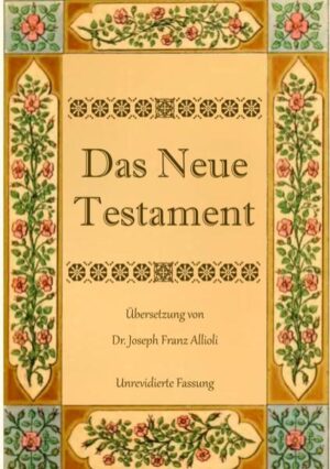 Die bekannte Bibelübersetzung von Dr. Joseph Franz Allioli, hier des Neuen Testamentes, in der unrevidierten Fassung der dritten, verbesserten Auflage aus dem Jahre 1838. Es wurde bei der Bearbeitung großer Wert darauf gelegt, den Wortlaut des Originaltextes unverändert wiederzugeben