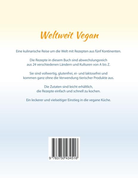 Eine kulinarische Reise um die Welt mit Rezepten aus fünf Kontinenten. Die Rezepte in diesem Buch sind abwechslungsreich aus 24 verschiedenen Ländern und Kulturen. Sie sind vollwertig, glutenfrei, ei- und laktosefrei und kommen ganz ohne die Verwendung tierischer Produkte aus. Die Zutaten sind leicht erhältlich, die Rezepte einfach und schnell zu kochen. Ein leckerer und abwechslungsreicher Einstieg in die vegane Küche.