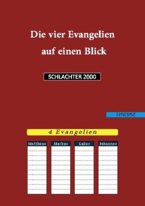 - Schneller Durchblick-Zeitsparend! (kein unnötiges Rumgeblätter und Gesuche)-Direkter Vergleich möglich-Empfehlenswert bei z.B. Klausurvorbereitungen Das folgende Buch stellt alle biblischen Evangelien tabellarisch dar. Jedes Evangelium wird in ei