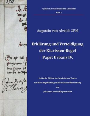 Die Erklärung und Verteidigung der Klarissen-Regel, die der Franziskaner Augustin von Al-veldt OFM 1533/34 für die Klarissen zu Eger (heute: Cheb/Tschechien) schrieb, folgte in en-gem Zusammenhang der Verteidigung der Franziskus-Regel, die Alveldt 1532 vollendet hatte (vgl. Quellen zur franziskanischen Geschichte, Band 2). Es war vermutlich die Kenntnis dieser damals ungedruckten Schrift, die die Äbtissin des Klarissenklosters zu Eger, Ursula Gräfin Schlick, veranlasste, den ehemaligen Provinzialminister der Sächsischen Franziskaner-Provinz vom Heiligen Kreuz dringend um eine Erklärung und Verteidigung der für ihr Kloster maßgebenden Regel zu bitten. Im Gegensatz zur oft kommentierten Franziskus-Regel war die Klarissen-Regel anscheinend selbst manchen Schwestern in ihrer Bedeutung und in ihrer Verbindlichkeit nicht völlig klar. Das zeigte sich in der kurzen Widmung und in der längeren Einleitung zu Alveldts Erklärung und Verteidigung der Klarissen-Regel. Das Manuskript des vollständigen lateinischen Textes von Alveldts Erklärung zur Klarissen-Regel befindet sich heute in der Bibliothek des Bayerischen Nationalmuseums zu München und ist hier erstmals vollständig und mit deutscher Übersetzung wiedergegeben.