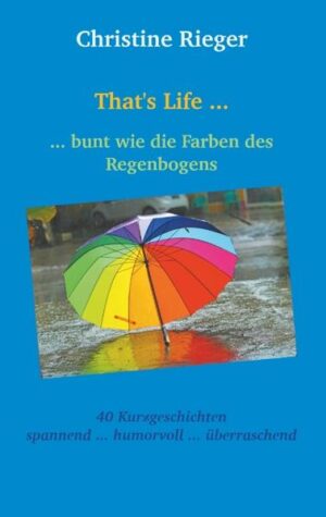 Bunt wie die Farben des Regenbogens sind die Geschichten, die uns die Autorin in ihrem dritten Buch präsentiert. Wir begleiten eine Gruppe von Studenten auf ihrer Radtour durch Frankreich, gehen mit einer Autorin auf Kreuzfahrt und besuchen ein Gospelkonzert. Wir erleben den Alltag ruhebedürftiger Rentner und gestresster Paketboten, ärgern uns mit einer geplagten Mieterin über monatelange Renovierungsarbeiten und werfen einen Blick in ein Pflegeheim der Zukunft. Solche alltäglichen Begebenheiten (und noch viele mehr) sind - wie gewohnt - mit viel Phantasie und Humor in Szene gesetzt.