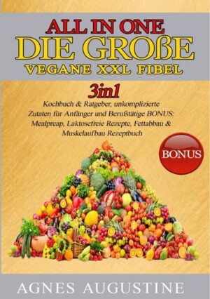 All in One: Die große vegane XXL Fibel. Liebe Leser, ich freue mich, dass Sie sich für mein 2in1 Kochbuch & Ratgeber entschieden haben und möchte mich ganz herzlich bei Ihnen bedanken Dieses Buch ist ein Geschenk an alle, die sich mit der vegetarischen Ernährung beschäftigen und keine Lust haben, lange in der Küche zu stehen oder Zutaten suchen zu müssen. Die Zutaten in diesem Buch sind völlig leicht & simpel zu finden und Preiswert. Ohne komplizierte Zubereitungen und dennoch ein Genuss. Diese und weitere Gründe haben mich dazu bewegt dieses Buch zu schreiben und Ihnen diese Informationen als Mehrwert anbieten zu können. Lassen Sie mich eine Einführung mit den wichtigsten Punkten und interessanten Fakten präsentieren. Ob für Singles, oder die ganze Familie, hier ist für jeden etwas dabei. Kleine Einblicke in das Buch, diese Bereiche erwarten Sie •Vegane Grundbasics •Vegane Ersatzprodukte •Grundrezepte •Gluten-Laktose freie Rezepte •Gesunde „Fast-Food“ Rezepte •Meal-Preap Rezepte Bonusteil: •Muskelaufbau mit veganer Ernährung •Abnehmen ohne Hunger •Ausdauersport •Yoga •Tipps & Tricks Lasse Sie sich überraschen, was dieses magische Buch alles zu bieten hat. In meinem Buch finden Sie mehr als genug Rezepte, die das Leben versüßen und auch ebenfalls für herzhaften Genuss und großartige Gaumenfreuden sorgen. Wir wünschen Ihnen viel Spaß beim Ausprobieren der Rezepte und hoffen Sie können die gewonnene Zeit sinnvoll nutzen. Herzlichst, Ihre Agnes Augustine.