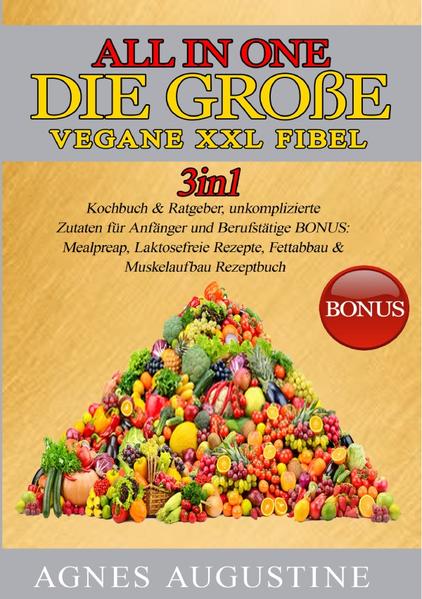 All in One: Die große vegane XXL Fibel. Liebe Leser, ich freue mich, dass Sie sich für mein 2in1 Kochbuch & Ratgeber entschieden haben und möchte mich ganz herzlich bei Ihnen bedanken Dieses Buch ist ein Geschenk an alle, die sich mit der vegetarischen Ernährung beschäftigen und keine Lust haben, lange in der Küche zu stehen oder Zutaten suchen zu müssen. Die Zutaten in diesem Buch sind völlig leicht & simpel zu finden und Preiswert. Ohne komplizierte Zubereitungen und dennoch ein Genuss. Diese und weitere Gründe haben mich dazu bewegt dieses Buch zu schreiben und Ihnen diese Informationen als Mehrwert anbieten zu können. Lassen Sie mich eine Einführung mit den wichtigsten Punkten und interessanten Fakten präsentieren. Ob für Singles, oder die ganze Familie, hier ist für jeden etwas dabei. Kleine Einblicke in das Buch, diese Bereiche erwarten Sie •Vegane Grundbasics •Vegane Ersatzprodukte •Grundrezepte •Gluten-Laktose freie Rezepte •Gesunde „Fast-Food“ Rezepte •Meal-Preap Rezepte Bonusteil: •Muskelaufbau mit veganer Ernährung •Abnehmen ohne Hunger •Ausdauersport •Yoga •Tipps & Tricks Lasse Sie sich überraschen, was dieses magische Buch alles zu bieten hat. In meinem Buch finden Sie mehr als genug Rezepte, die das Leben versüßen und auch ebenfalls für herzhaften Genuss und großartige Gaumenfreuden sorgen. Wir wünschen Ihnen viel Spaß beim Ausprobieren der Rezepte und hoffen Sie können die gewonnene Zeit sinnvoll nutzen. Herzlichst, Ihre Agnes Augustine.