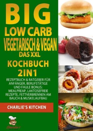 BIG Low Carb - Veggie & Vegan DAS 2in1 XXL RATGEBER & KOCHBUCH Was erwartet Sie in diesem Buch? (ACHTUNG: Zusammenfassung in nur EINEM SATZ) Wer sich die Artikelbeschreibung komplett ersparen möchte, für diejenigen versuche ich mein Buch in einem Satz zusammenzufassen: Sie machen eine Diät OHNE ES ZU MERKEN, bzw. OHNE AUF IHRE GEWOHNTEN GERICHTE VERZICHTEN ZU MÜSSEN! Für diejenigen, die eine ausführlichere Anleitung wünschen, werde ich in diesem Text eine knappe Einführung in meinem Buch schenken. Wie bereits angedeutet, bekommen Sie hier genau die Kochrezepte serviert, die Sie in der Regel vermeiden sollten, jedoch in einer gesunden Variante, wo diese ohne Konsequenzen verzehrt werden können. Sie machen quasi „keine Diät“ und können z.B. trotzdem von einer Gewichtsreduktion profitieren und, oder Muskulatur aufbauen, genauso können Sie sich auch einfach nur gesund ernähren, ohne dadurch auf irgendeiner Art und Weise darunter zu leiden. Genau deswegen habe ich dieses Buch geschrieben, denn hier bekommen Sie ALLE GERICHTE die Sie in einer Diät„nicht essen dürfen“ jedoch in einer GESÜNDEREN Variante auf einem Silber Tablet, bzw. innerhalb eines E-Book, oder Taschenbuch serviert. Welche Rezepte kommen vor? (Beispiele)? VEGANE & VEGETARISCHE VERSIONEN VON: Brote, Brötchen, Baguette-Sandwiches Pfannkuchen VEGGIE & VEGANE Aufstriche Focaccia Pizza Frikadellen Falafel Döner (Veggie Sandwich) Pasta, Gnocchi Lasagne Kartoffelpuffer VEGGIE Burger, Kroketten Kibbeh Süßspeisen: z.B. Pudding, Eiscreme Gebäck wie: Apfeltaschen, Amerikaner, und Schokoladensorten (Ersatz für sehr bekannte Schokoriegel-Sorten) Herzlichst, Ihr Charlie’s Kitchen Team.