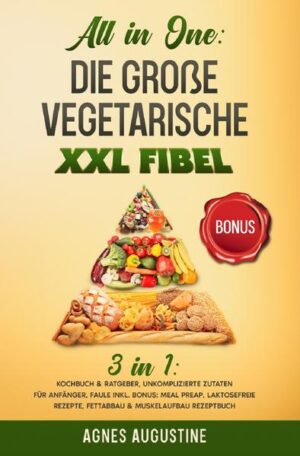 All in One: Die große vegetarische XXL Fibel. Liebe Leser, ich freue mich, dass Sie sich für mein 2in1 Kochbuch & Ratgeber entschieden haben und möchte mich ganz herzlich bei Ihnen bedanken Dieses Buch ist ein Geschenk an alle, die sich mit der vegetarischen Ernährung beschäftigen und keine Lust haben, lange in der Küche zu stehen oder Zutaten suchen zu müssen. Die Zutaten in diesem Buch sind völlig leicht & simpel zu finden und Preiswert. Ohne komplizierte Zubereitungen und dennoch ein Genuss. Diese und weitere Gründe haben mich dazu bewegt dieses Buch zu schreiben und Ihnen diese Informationen als Mehrwert anbieten zu können. Lassen Sie mich eine Einführung mit den wichtigsten Punkten und interessanten Fakten präsentieren. Ob für Singles, oder die ganze Familie, hier ist für jeden etwas dabei. Kleine Einblicke in das Buch, diese Bereiche erwarten Sie •Vegetarische Grundbasics •Vegetarische Ersatzprodukte •Grundrezepte •Gluten-Laktose freie Rezepte •Gesunde „Fast-Food“ Rezepte •Meal-Preap Rezepte Bonusteil: •Muskelaufbau mit veganer Ernährung •Abnehmen ohne Hunger •Ausdauersport •Yoga •Tipps & Tricks Lasse Sie sich überraschen, was dieses magische Buch alles zu bieten hat. In meinem Buch finden Sie mehr als genug Rezepte, die das Leben versüßen und auch ebenfalls für herzhaften Genuss und großartige Gaumenfreuden sorgen. Wir wünschen Ihnen viel Spaß beim Ausprobieren der Rezepte und hoffen Sie können die gewonnene Zeit sinnvoll nutzen. Herzlichst, Ihre Agnes Augustine.