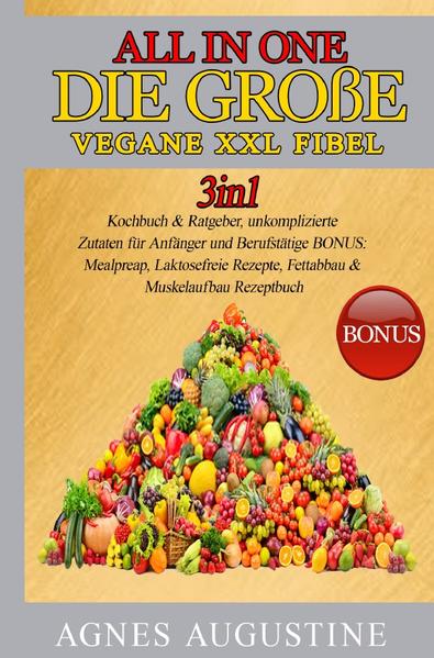 All in One: Die große vegane XXL Fibel. Liebe Leser, ich freue mich, dass Sie sich für mein 2in1 Kochbuch & Ratgeber entschieden haben und möchte mich ganz herzlich bei Ihnen bedanken Dieses Buch ist ein Geschenk an alle, die sich mit der vegetarischen Ernährung beschäftigen und keine Lust haben, lange in der Küche zu stehen oder Zutaten suchen zu müssen. Die Zutaten in diesem Buch sind völlig leicht & simpel zu finden und Preiswert. Ohne komplizierte Zubereitungen und dennoch ein Genuss. Diese und weitere Gründe haben mich dazu bewegt dieses Buch zu schreiben und Ihnen diese Informationen als Mehrwert anbieten zu können. Lassen Sie mich eine Einführung mit den wichtigsten Punkten und interessanten Fakten präsentieren. Ob für Singles, oder die ganze Familie, hier ist für jeden etwas dabei. Kleine Einblicke in das Buch, diese Bereiche erwarten Sie •Vegane Grundbasics •Vegane Ersatzprodukte •Grundrezepte •Gluten-Laktose freie Rezepte •Gesunde „Fast-Food“ Rezepte •Meal-Preap Rezepte Bonusteil: •Muskelaufbau mit veganer Ernährung •Abnehmen ohne Hunger •Ausdauersport •Yoga •Tipps & Tricks Lasse Sie sich überraschen, was dieses magische Buch alles zu bieten hat. In meinem Buch finden Sie mehr als genug Rezepte, die das Leben versüßen und auch ebenfalls für herzhaften Genuss und großartige Gaumenfreuden sorgen. Wir wünschen Ihnen viel Spaß beim Ausprobieren der Rezepte und hoffen Sie können die gewonnene Zeit sinnvoll nutzen. Herzlichst, Ihre Agnes Augustine.