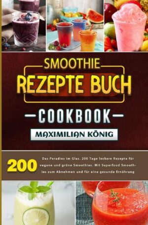 200 Tage Das Smoothie Rezepte Buch Smoothies schmecken nicht nur super lecker, sondern tun dem Körper Gutes und steigern dadurch die Lebensqualität. Für alle, die schnell ein paar Pfunde abnehmen möchten, sind grüne Smoothies eine gesunde und zugleich erfrischende Möglichkeit, den Körper zu entschlacken. Außerdem helfen Smoothies dabei, den Körper zu entwässern, sodass dem gesund abnehmen nichts mehr im Wege steht. Dieses Smoothie Rezepte Buch beinhaltet viele köstliche Rezepte, die schnell zubereitet sind und sich optimal dazu eignen, um dem energielosen Körper und Geist neues Leben einzuhauchen und für leckere Erfrischung zu sorgen.