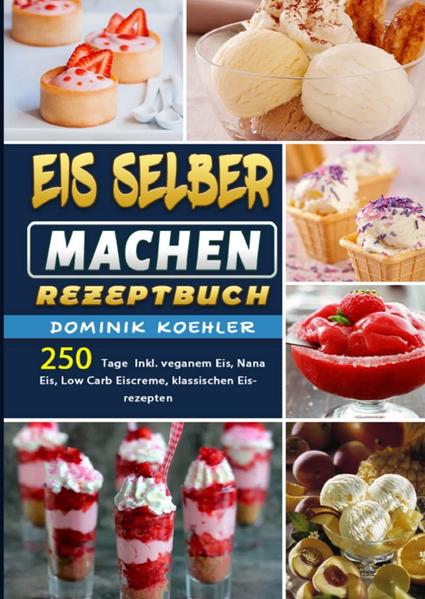 250 Tage Eis selber machen Rezeptbuch Eis gehört zu den Speisen, welche man sowohl im Sommer als auch im Winter genießen kann. Denn Eis kann einfach in jeder Jahreszeit verzehrt werden. Dabei muss man das Eis nicht kaufen, sondern kann es recht schnell und unkompliziert auch selbst zu Hause herstellen. Hierbei genießt man den Vorteil gesunder Inhaltsstoffe und der Möglichkeit, die eigene Familie oder Freunde mit neuen Kreationen überraschen zu können. Deshalb finden Sie in diesem Rezeptbuch 115 Eisideen aus den Bereichen Eiscremes, Eis am Stiel, Sorbets, Frozen Yoghurts und Parfaits vor, welche zum Probieren und Genießen einladen sollen.