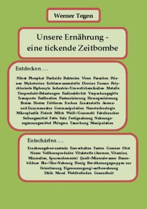 Unser Essen hat sich mehr und mehr zu einer beiläufigen Übung, uns funktionstüchtig zu halten, entwickelt und nimmt so leider nur noch eine Randlage in unserem Leben ein. Seine große Bedeutung für unser Wohlbefinden und unsere Gesundheit ist uns viel zu wenig bewusst. Wir geben uns gerne seinem Angenehmen hin und essen viel zu viel. Uns näher mit unserer Ernährung auseinanderzusetzen, ist uns allgemein zu anspruchsvoll. Unsere dadurch entstandene Unbekümmertheit hat sich bereits zu einem nicht selten anzutreffenden regelrechten Phlegma entwickelt. Wir interessieren uns zu wenig für die Inhalte und Wirkungen unserer Lebens- und Nahrungsmittel. Sie werden von ihrer Entstehung bis zu ihrem Verzehr vielen schädigenden Einflüssen ausgesetzt. Diese legen sich langsam aber sicher wie eine strangulierende Kette, deren Glieder auf der Titelseite unter Entdecken dargestellt sind, um unser Wohlbefinden und unsere Gesundheit. Das jedoch verdrän-gen wir all` zu gerne, zumal wir ja mit den Vorgängen unserer Verdauung und unseres Stoffwechsels sowie den möglichen Folgewirkungen unserer ungesunden Ernährung meistens nur sehr wenig oder gar nicht vertraut sind. Unsere Gleichgültigkeiten schweben wie eine tickende Zeit-bombe über uns. Doch wir können diese entdecken sowie entschärfen, indem wir uns informieren und auf neue Wege begeben, auf denen wir uns wohlfühlen, ja geradezu an unserem Essen und damit an einem sehr bedeutenden Teil unseres Lebens erfreuen können!