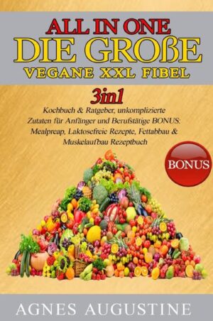 All in One: Die große vegane XXL Fibel. Liebe Leser, ich freue mich, dass Sie sich für mein 2in1 Kochbuch & Ratgeber entschieden haben und möchte mich ganz herzlich bei Ihnen bedanken Dieses Buch ist ein Geschenk an alle, die sich mit der vegetarischen Ernährung beschäftigen und keine Lust haben, lange in der Küche zu stehen oder Zutaten suchen zu müssen. Die Zutaten in diesem Buch sind völlig leicht & simpel zu finden und Preiswert. Ohne komplizierte Zubereitungen und dennoch ein Genuss. Diese und weitere Gründe haben mich dazu bewegt dieses Buch zu schreiben und Ihnen diese Informationen als Mehrwert anbieten zu können. Lassen Sie mich eine Einführung mit den wichtigsten Punkten und interessanten Fakten präsentieren. Ob für Singles, oder die ganze Familie, hier ist für jeden etwas dabei. Kleine Einblicke in das Buch, diese Bereiche erwarten Sie •Vegane Grundbasics •Vegane Ersatzprodukte •Grundrezepte •Gluten-Laktose freie Rezepte •Gesunde „Fast-Food“ Rezepte •Meal-Preap Rezepte Bonusteil: •Muskelaufbau mit veganer Ernährung •Abnehmen ohne Hunger •Ausdauersport •Yoga •Tipps & Tricks Lasse Sie sich überraschen, was dieses magische Buch alles zu bieten hat. In meinem Buch finden Sie mehr als genug Rezepte, die das Leben versüßen und auch ebenfalls für herzhaften Genuss und großartige Gaumenfreuden sorgen. Wir wünschen Ihnen viel Spaß beim Ausprobieren der Rezepte und hoffen Sie können die gewonnene Zeit sinnvoll nutzen. Herzlichst, Ihre Agnes Augustine.