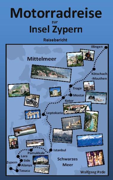 Hier wird das Erlebte auf einer Motorradreise zur Insel Zypern, aus Sicht eines Bikers, berichtet. Die Motorradtour startet in Illingen bei Stuttgart und führt über Kötschach-Mauthen in Österreich nach Kroatien in die Altstadt von Trogir. Nach dessen Besichtigung geht es in die historische Altstadt von Mostar und zur weltberühmten Brücke der geteilten Stadt. Das nächste Etappenziel ist die Burg und die wunderschöne historische Altstadt von Kotor in Montenegro. Von dort verläuft die Fahrt auf einer langen Strecke durch Montenegro, Albanien und Mazedonien bis nach Leptokaria in Griechenland. Nach etwas Entspannung am Mittelmeer wird die Reise fortgesetzt. Weiter geht es in die türkische Weltstadt Istanbul, um dort die vielen Sehens- würdigkeiten der Stadt am Bosporus zu besichtigen. Der nächste Abschnitt führt über das Inland nach Pamukkale, um an jenem Ort die berühmten Kalksinterterrassen und Ruinen alter Zeiten zu besuchen. Nach einem schönen Abend mit der Bauchtänzerin geht die Fahrt weiter nach Lara, an das südliche Mittelmeer der Türkei, um vor Ort den Luxusstrand zu genießen und den grünen Canyon zu entdecken. Weiter verläuft die Route zur Hafenstadt Side, um die gut erhaltenen Ruinen, den historischen Hafen, so wie den schönen Wasserfall zu besichtigen. Nach einem Zwischenstopp in Alanya, einem hübschen Badeort an der Türkischen Riviera, geht es weiter zur Hafenstadt Tasucu, um von dort mit der Fähre nach Kyrenia auf Zypern zu fahren. Von der Salami-Bay auf Zypern wird sternförmig die schöne Insel besichtigt. Dieser Reisebericht enthält 13 Farbseiten u. ausführliches Kartenmaterial der durch- geführten Motorradtour.