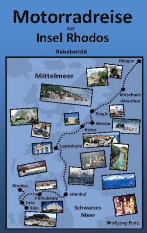 Hier wird das Erlebte auf einer Motorradreise zur Insel Rhodos, aus Sicht eines Bikers, berichtet. Die Motorradtour startet in Illingen bei Stuttgart und führt über Kötschach-Mauthen in Österreich nach Kroatien in die Altstadt von Trogir. Nach dessen Besichtigung geht es in die historische Altstadt von Mostar und zur weltberühmten Brücke der geteilten Stadt. Das nächste Etappenziel ist die Burg und die wunderschöne historische Altstadt von Kotor in Montenegro. Von dort verläuft die Fahrt auf einer langen Strecke durch Montenegro, Albanien und Mazedonien bis nach Leptokaria in Griechenland. Nach etwas Entspannung am Mittelmeer wird die Reise fortgesetzt. Weiter geht es in die türkische Weltstadt Istanbul, um dort die vielen Sehenswürdigkeiten der Stadt am Bosporus zu besichtigen. Der nächste Abschnitt führt über das Inland nach Pamukkale, um an jenem Ort die berühmten Kalksinterterrassen und Ruinen alter Zeiten zu besuchen. Nach einem schönen Abend mit der Bauchtänzerin geht die Fahrt weiter nach Lara, an das südliche Mittelmeer der Türkei, um vor Ort den Luxusstrand zu genießen und den Grünen Canyon zu entdecken. Weiter verläuft die Route zur Hafenstadt Side, um die gut erhaltenen Ruinen, den historischen Hafen, so wie den schönen Wasserfall zu besichtigen. Anschließend geht die Fahrt über Marmaris, mit der Fähre, nach Rhodos. Von dem Urlaubsort Faliraki am Paralia Faliraki Beach wird sternförmig die schöne Insel besichtigt. Dieser Reisebericht enthält 14 Farbseiten und ausführliches Kartenmaterial der durchgeführten Motorradtour.