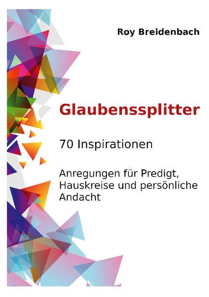 Die "Glaubenssplitter" sind Überarbeitungen von mehr als 70 Rundmails, welche während der "Coronazeit" 2020 und 2021, wöchentlich als Gemeindemail versendet wurden. Es sind geistliche Wegbegleiter durch die Woche, da wo Hauskreis, Bibelstunde und dergleichen ausfielen oder nicht besucht wurden und deshalb den Bedarf nicht mehr decken konnten. Diese Anregungen spiegeln die Vielfalt geistlichen Lebens in komprimierter Form wider. Sie schöpfen dabei sowohl aus den biblischen Texten Alten und Neuen Testaments, als auch aus der menschlichen Erfahrung, indem sie viele Beispiele alltäglichen Erlebens anwenden. Damit legen sie einerseits notwendige Fundamente, ermutigen andererseits aber auch und gerade zur praktischen Umsetzung. So fordern sie in jeder Hinsicht zum Nachdenken, Nachforschen und Nachahmen heraus. Sie bohren immer neu in die Tiefen des Glaubens hinein, bleiben dabei aber leicht verständlich und lesbar. Somit bilden diese Impulse eine gute Grundlage zur persönlichen Andacht und für Zeiten der Stille und des Gebetes. Gleichzeitig können sie aber auch die Basis für weiter gehende Erwägungen darstellen. In dieser Hinsicht bieten sie mehr als genug Inhalt, um das Thema etwa einer Hauskreisstunde zu sein oder auch, um Inspiration und Anregung für eine Predigt anzubieten. In diesem Sinne sind diese Reflektionen zugleich Unterstützung und Impuls für das geistliche Leben, sowohl für die Einzelnen, als auch für die Gemeinschaft.