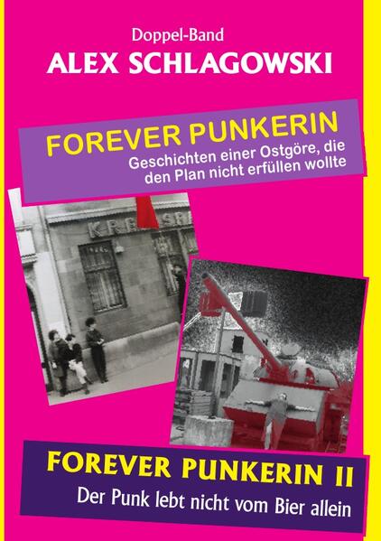 Forever Punkerin I, Geschichten einer Ostgöre, die nicht erwachsen werden wollte. Alex Schlagowski beschreibt in ihrem Buch den grauen DDR-Alltag und die bunte Nachwendezeit. Die Geschichten aus der Sichtweise einer adoleszenten Punkerin in ihrer eigenen Welt wurden teilweise schon in den Jahren geschrieben, in denen sie sich ereigneten. Als Hippie-Tochter und Enkelin eines Berufsmusikers aufgewachsen war und ist Musik ihr Lebenselixier, was sich in nahezu allen Geschichten widerspiegelt. Erzählt wird unter anderem, was Ost- und Westpunks voreinander unterscheidet und wie das erste Rammstein- bzw. das letzte Feeling B-Konzert sie beeinflussten. Da sie viele der verbotenen DDR-Bands persönlich kannte, gibt es unzählige Anekdoten und einiges bislang unveröffentlichtes Fotomaterial aus der deutsch-deutschen Musikerwelt. Der Leser wird hineinversetzt in Rebellion, Freiheitsliebe, Unangepasstheit und Kompromisslosigkeit der DDR-Punk-Szene. So kann man die bisweilen kuriosen Geschichten mit (punk-) kulturhistorischem Hintergrund als ein einmaliges ost-west-deutsches Zeitzeugnis verstehen. Forever Punkerin II, Der Punk lebt nicht vom Bier allein. Auch im aktuellen Band reihen sich alte und neue Geschichten aneinander, erneut wird intensiv auf die Wendezeit eingegangen sowie auf prägende Erlebnisse ihrer Kindheit, garniert mit Gedankenversen aus den 90er Jahren. Sozialistische Liedtexte, die sie in den 80er Jahren auswendig lernen musste und Bekenntnisse und Gelöbnisse jener Zeit unterstreichen die damalige, landesweite Gehirnwäsche junger Menschen eindrucksvoll. Das teils heitere, teils nachdenklich machende Buch ist ebenso fesselnd wie »Forever Punkerin I« und der von ihr im Jahr 2021 aufgelegte Thriller »Kreuzzug X«, erfrischend die Gastbeitrage von Marc Domin, Kai Richter und Estevão Ribeiro do Espinho. Ein Deutsch-Deutsches Zeitzeugenerlebnis - nicht nur für Punks!