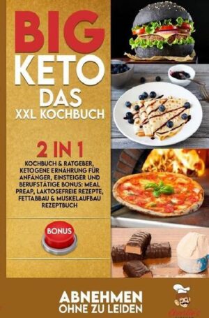 BIG Keto! - Abnehmen OHNE zu leiden (inkl. Diätplan) Was erwartet Sie in diesem Buch? (ACHTUNG: Zusammenfassung in nur EINEM SATZ) Wer sich die Artikelbeschreibung komplett ersparen möchte, für diejenigen versuche ich mein Buch in nur einem Satz zusammenzufassen: Sie machen eine Diät OHNE ES ZU MERKEN, bzw. OHNE EINE DIÄT ZU MACHEN! (KEIN Verzicht auf leckere Gerichte!) Für diejenigen, die eine ausführlichere Anleitung wünschen, werde ich in diesem Text eine knappe Einführung in meinem Buch schenken. Wie bereits angedeutet, bekommen Sie hier genau die Kochrezepte serviert, die Sie in der Regel vermeiden sollten, jedoch in einer gesunden Variante, wo diese ohne Konsequenzen verzehrt werden können. Sie machen quasi „keine Diät“ und können z.B. trotzdem von einer Gewichtsreduktion profitieren und, oder Muskulatur aufbauen, genauso können Sie sich auch einfach nur gesund ernähren, ohne dadurch auf irgendeiner Art und Weise darunter zu leiden. Genau deswegen habe ich dieses Buch geschrieben, denn hier bekommen Sie ALLE GERICHTE die Sie in einer Diät „nicht essen dürfen“ jedoch in einer GESÜNDEREN bzw. „ketogenen“ Variante auf einem Silber Tablet, bzw. innerhalb eines E-Book, oder Taschenbuch serviert. Welche Rezepte erwarten mich als Beispiel? Brot / Knäckebrot / Brötchen Marmelade / Haselnuss Creme (Aufstriche) Croissants Proteinriegel / Schokoriegel Gyros, Pommes Nuggets Pizza Pasta / Ital., Asia Nudeln Hamburger Hot Dogs Süßspeisen: z.B. Pudding, Milchreis Kokos Pralinen Ice Cream Crêpes Chips etc.