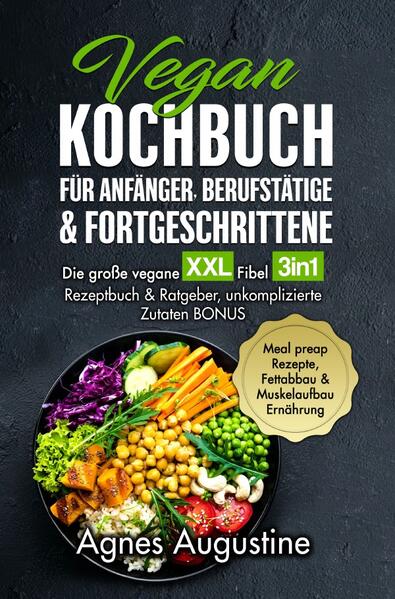 All in One: Die große vegane XXL Fibel. Liebe Leser, ich freue mich, dass Sie sich für mein 2in1 Kochbuch & Ratgeber entschieden haben und möchte mich ganz herzlich bei Ihnen bedanken Dieses Buch ist ein Geschenk an alle, die sich mit der vegetarischen Ernährung beschäftigen und keine Lust haben, lange in der Küche zu stehen oder Zutaten suchen zu müssen. Die Zutaten in diesem Buch sind völlig leicht & simpel zu finden und Preiswert. Ohne komplizierte Zubereitungen und dennoch ein Genuss. Diese und weitere Gründe haben mich dazu bewegt dieses Buch zu schreiben und Ihnen diese Informationen als Mehrwert anbieten zu können. Lassen Sie mich eine Einführung mit den wichtigsten Punkten und interessanten Fakten präsentieren. Ob für Singles, oder die ganze Familie, hier ist für jeden etwas dabei. Kleine Einblicke in das Buch, diese Bereiche erwarten Sie •Vegane Grundbasics •Vegane Ersatzprodukte •Grundrezepte •Gluten-Laktose freie Rezepte •Gesunde „Fast-Food“ Rezepte •Meal-Preap Rezepte Bonusteil: •Muskelaufbau mit veganer Ernährung •Abnehmen ohne Hunger •Ausdauersport •Yoga •Tipps & Tricks Lasse Sie sich überraschen, was dieses magische Buch alles zu bieten hat. In meinem Buch finden Sie mehr als genug Rezepte, die das Leben versüßen und auch ebenfalls für herzhaften Genuss und großartige Gaumenfreuden sorgen. Wir wünschen Ihnen viel Spaß beim Ausprobieren der Rezepte und hoffen Sie können die gewonnene Zeit sinnvoll nutzen. Herzlichst, Ihre Agnes Augustine.