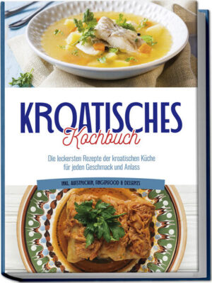 Kroatische Rezepte: Holen Sie sich kroatisches Urlaubsflair mit vielfältigen, authentischen und köstlichen Rezepten ganz einfach nach Hause Wer Kroatien aus dem Urlaub kennt, der erinnert sich neben märchenhaften Schnorcheltrips und atemberaubender Natur ganz sicher vor allem an eines: Die deftige, aromatische Landesküche, die frische Zutaten und puren Schlemmergenuss in sich vereint. Dieses kulinarische Erlebnis können Sie sich auch in die heimische Küche holen - und wie das unkompliziert und lecker klappt, zeigt Ihnen dieses Kochbuch! Ćevapčići, Pljeskavica oder Djuveč - Kroatien ist ein wahres Eldorado für Fleischfans, allerdings hat die Landesküche noch viel mehr zu bieten! Denn die legendäre gesunde mediterrane Ernährung dominiert auch die kroatische Küche und sorgt mit jeder Menge frischem Fisch, knackigem Gemüse und wertvollem Olivenöl für Geschmack und Gesundheit zugleich. Köstliche Spezialitäten mit Urlaubs-Flair dürfen also gerne öfter auf dem Teller landen und mit der Riesenauswahl an Rezepten in diesem Buch wird das zum Kinderspiel. Probieren Sie sich kreuz und quer durch Suppen, Salate, Hauptgerichte mit Fisch und Fleisch, Veggie-Gerichte, typische Dips und Saucen, Desserts und vieles mehr aus allen Regionen des Landes und entdecken Sie original kroatischen Genuss für wirklich jeden Geschmack. Kompliziert und teuer? Ganz im Gegenteil! Die meisten Rezepte basieren auf günstigen, leicht verfügbaren Nahrungsmitteln, spezielle Zutaten wie Ajvar finden Sie längst im Supermarkt und die einfachen Schritt-für-Schritt-Rezepte sorgen auch bei ungeübten Köchen von Anfang an für rundum gelungene Ergebnisse. Ferien-Feeling zum Frühstück: Mit salzigen Hörnchen, Pilz-Omelett, Apfelstrudel oder Knoblauchbrot starten Sie geschmackvoll in den Tag. Vorspeisen, Beilagen & Snacks: Suppen, Snacks und Salate wie Petersiliensuppe, Feigen-Tomaten-Salat, Blätterteig-Häppchen oder kroatischer Weißkrautsalat sind jederzeit ein kulinarischer Volltreffer. Königsdisziplin Fisch & Fleisch: Sarma-Kohlrouladen, kroatische Reispfanne mit Hähnchenbrustfilet, Fischgulasch mit Kartoffeln oder Meeresfrüchte aus der Pfanne sorgen für Kroatien-Flair pur auf Ihrem Teller. Schlemmerei fleischfrei: Vegetarier und Veganer entdecken die kroatische Küche mit Teigtaschen mit Ricotta, Trüffelnudeln, deftigem Kartoffelstrudel oder Kuchen mit Mangold von ihrer Veggie-Seite. Sündig-süße Köstlichkeiten: Raffinierte Dessert-Kreationen wie kroatische Krapfen, Mais-Taler, Pita mit Apfel oder Schoko-Creme-Rolle runden Ihr Schlemmermenü perfekt ab. In diesem Buch lernen Sie die kroatische Variante der mediterranen Küche kennen und entdecken einzigartige Genusshöhepunkte mit Tradition. Ob Sie in Urlaubserinnerungen schwelgen möchten, die kroatische Küche lieben oder einfach neugierig auf Schlemmereien aus aller Welt sind - hier finden Sie reichlich Inspiration und Geschmack.