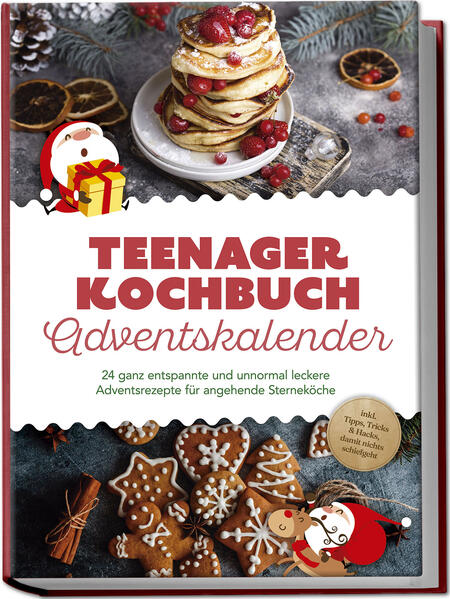 Adventskalender-Kochbuch für Teenager: 24 winterlich-weihnachtliche, anfängertaugliche und unschlagbar leckere Rezeptideen für die ersten Kocherfolge Ihr Nachwuchs zeigt das erste Mal Interesse, in der Küche Regie zu übernehmen? Zudem steht die Adventszeit vor der Tür und lockt mit weihnachtlichen Genüssen? Und da möchten Sie gerne zwei Fliegen mit einer Klappe schlagen? Bitte sehr: Das unkomplizierte Adventskalender-Kochbuch mit 24 tollen Rezeptideen ganz nach Teenie-Geschmack! Mamas Eintopf ist uncool, am liebsten nur noch Fertigpizza und Gemüse steht auch nicht oben auf der Favoritenliste: Die Ernährung mit Teenie im Haus kann ganz schön herausfordernd sein - doch oft gibt’s eine erstaunlich einfache Lösung: nämlich dann, wenn der Nachwuchs Interesse zeigt, sich selbst zum Herrn über den Herd aufzuschwingen, und mit diesem Kochbuch unterstützen Sie diese erfreuliche Entwicklung optimal. In 24 absolut anfängertauglichen, detailliert angeleiteten und gelingsicheren Easy-Rezepten tastet Ihr Teenager sich Schritt für Schritt an die Kochpraxis heran, und das mit Schlemmereien, die bei Jugendlichen auf Begeisterung stoßen. Ob süße Weihnachtsleckereien, herzhaft-würziges Comfort-Food, Snack-Ideen ganz nach Teenie-Geschmack oder winterliche Getränke für kuschelige Stunden auf dem Sofa - hier entdeckt Ihr Nachwuchs jeden Tag eine neue tolle Anregung, sich in der Küche auszuprobieren. Und das klappt auch wirklich? Keine Sorge! Die Rezepte sind sorgfältig so ausgewählt, dass es in puncto Zutaten & Zubereitung keine großen Experimente gibt, und dank der kinderleichten Anleitungen gelingen sie auch, wenn es der allererste Versuch mit Topf & Pfanne ist. Frühstücks- und Gebäckleckereien: Cranberry-Muffins, weihnachtliches Porridge oder Zimtschnecken schmecken nicht nur am Morgen. Weihnachtsklassiker: Mit Vanillekipferln, Bratäpfeln mit Zimt und Honig oder Spekulatius-Tiramisu im Dessertglas zaubert Ihr Nachwuchs den liebgewonnenen Weihnachtsgeschmack ganz einfach selbst auf den Teller. Herzhaft & deftig: Winterlich-würzige Hauptgerichte wie 15-Minuten-Linsensuppe, winterliche Ofenkartoffeln mit Toppings oder Weihnachtsbaum-Pizza machen auch hungrige Teenies im Handumdrehen satt. Snacks & Knabbereien: Mit Tannenbaum-Spießen aus Blätterteig, Mini-Quiches mit Gemüse oder Cheesy-Pull-apart-Brot ist Ihr Nachwuchs der Gourmet-Star beim nächsten Filmabend mit Freunden. Winterliche Drinks: Lebkuchen-Smoothie, alkoholfreier Glühwein oder Pumpkin Spiced Latte sind köstliche Seelenwärmer für gemütliche Stunden. Mit diesem Buch übernimmt Ihr Teenie die Kontrolle über die Küche und steigert Tag für Tag die weihnachtliche Vorfreude. Ob Ihr Nachwuchs bereits erste Kocherfahrungen hat, zum ersten Mal zum Kochlöffel greift oder Sie für ein bisschen Inspiration sorgen möchten - mit diesem Buch wird die Vorweihnachtszeit ein kulinarischer Superhit.