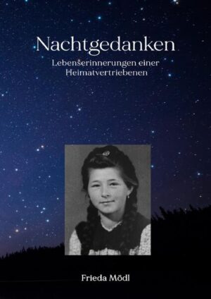 In den "Nachtgedanken" blickt die inzwischen 83-jährige Autorin Frieda Mödl (Jahrgang 1939) auf ihr Leben zurück. Das Buch beschreibt die Lebenserinnerungen einer Heimatvertriebenen aus dem Böhmerwald. Als siebenjähriges Mädchen muss die Autorin nach dem Ende des Zweiten Weltkrieges zusammen mit ihrer jüngeren Schwester und ihrer Mutter das geliebte Heimatdorf Wallern verlassen. Die Geschichte erzählt von der Vertreibung, von der Flucht, vom harten Neuanfang nach einer nicht ganz freiwilligen Aufnahme in einem kleinen Dorf im Ostallgäu. Aus einer ganz persönlichen Sicht heraus werden kleine Episoden geschildert, die den Alltag der Flüchtlinge beschreiben: die Ablehnung einzelner aus dem Dorf, das Gefühl des Andersseins, aber auch die Erfahrung angenommen zu werden, die Rolle von Lehrer und Pfarrer zu jener Zeit, die Versuche sich ins Dorf zu integrieren, erste zarte Liebe, ... Nach einem Umzug nach Schongau (einer kleinen Stadt an der Grenze von Oberbayern zu Schwaben) gilt es, mit einer neuen Umgebung zurechtzukommen. Arbeit, Liebe, das Kennenlernen einer neuen Familie, die Aufgaben als Ehefrau und Mutter sind weitere Themen des Buches. In diesen kleinen Geschichten wird der Geist dieser Zeit des wirtschaftlichen Aufschwungs in Deutschland spürbar, auch die Kraft, die für den einzelnen nötig war, um das Leben zu meistern. In dem Buch finden sich zahlreiche persönliche Fotoaufnahmen und Abbildungen verschiedener Original-Dokumente (vor allem zum Thema der Vertreibung), die es dem Leser erleichtern in die Geschichten einzutauchen.