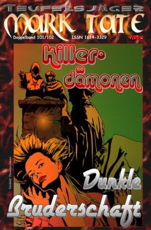 TEUFELSJÄGER Mark Tate 101-102: Killerdämonen ...und "Dunkle Bruderschaft" 101: W. A. Hary: Killerdämonen „...und blondes Gift für schwarze Seelen!“ Ich schätzte die Herde auf mindestens zwanzig ausgewachsene gigantische Drachen, bei denen auch der kleinste Zahn noch eine prima Sitzgelegenheit für einen Menschen ergeben hätte – und die größten Zähne ihn deutlich überragten. Schon einmal hatte mich ein Drachenbein regelrecht in den Boden gestampft. Und jetzt waren das immerhin rund zwanzig Beinpaare, die nur danach zu gieren schienen… 102: W. A. Hary: Dunkle Bruderschaft „…und ihr größter Feind: Das Team von Mark Tate!“ Die Magier hatten ihren Hubschrauber, mit dem sie gekommen waren, abseits abgestellt, außerhalb der Wirkungsstätte der magischen Energien. Im Grunde genommen war die Kultstätte nur ein kahler Fleck. Man konnte genau erkennen, wo sie begann und wo sie endete, denn sie war wie ein mit lockerer, steriler Erde angefüllter Trichter innerhalb eines ebenen Felsgebildes. Aber die hier herrschenden magischen Energien waren so übermächtig, dass Frank sie mit jeder Faser seines Daseins schmerzhaft spüren konnte… Impressum: Copyright by HARY-PRODUCTION * Canadastr. 30 * D-66482 Zweibrücken * www.Hary-Production.de Umschlaggestaltung/Schriftzug: Holger Möllers Innenlogo (Darstellung Schavall): Helmut Bone Nähere Angaben zum Hauptautor und Herausgeber siehe hier: http://de.wikipedia.org/wiki/Wilfried_A._Hary