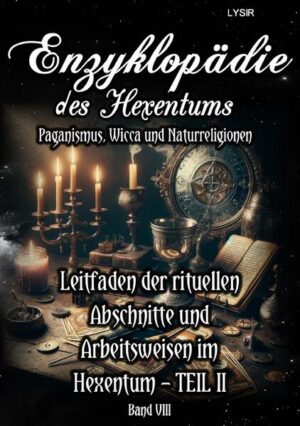 Im achten Band der „Enzyklopädie des Hexentums“ wird die praktische magische Handhabung in Ritualen weiter vertieft. Dieser Band bietet einen umfassenden Leitfaden für die fortgeschrittenen rituellen Praktiken und richtet sich sowohl an Neulinge als auch an erfahrene Praktizierende. Das Kapitel „Die magischen Dinge im Ritual – Teil II“ führt die Leser durch die weiteren Schritte eines klassischen Rituals im Hexentum und Wicca. Ein zentraler Bestandteil sind die Charges (Verkündigungen), die die Präsenz und Macht der Göttin und des Gottes im Ritual etablieren. Der Charge der Göttin und der Charge des Gottes werden detailliert beschrieben, um ihre Bedeutung und Anwendung zu verdeutlichen. Ein weiteres wichtiges Element sind die Hexenrune, rituelle Appelle, Energetisierung und Hyperventilation. Diese Techniken werden erklärt und aufgeschlüsselt, um die magische Energie zu erhöhen und zu fokussieren. Die detailreiche Erklärung vermittelt ein tiefes Verständnis für die jeweilige Bedeutung und Anwendung dieser Praktiken. Das rituelle Zentrum, der Fokuspunkt jeder Zeremonie, wird ebenfalls behandelt. Hier wird beschrieben, wie dieses Zentrum geschaffen und genutzt wird, um die rituellen Energien zu bündeln und zu lenken, wobei Unterschiede zwischen Esbat und Sabbat erläutert werden. Der Große Ritus, ein bedeutendes und tief symbolisches Ritual im Hexentum, wird umfassend erläutert. Dieser Ritus kann sowohl in seiner wörtlichen als auch in seiner symbolischen Form durchgeführt werden und spielt eine zentrale Rolle in vielen Wicca-Traditionen. Ein weiterer wichtiger Aspekt sind die Opferungen im Ritual. Die verschiedenen Formen der Opferungen und ihre symbolische Bedeutung werden aus verschiedenen Blickwinkeln betrachtet und ausführlich erklärt. Abschließend wird die Verabschiedung und Schließung eines Rituals beschrieben. Dieser Schritt ist essenziell, um den rituellen Raum sicher und respektvoll zu schließen und die aufgebauten Energien zu entlassen.