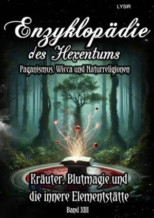 Im dreizehnten Band der „Enzyklopädie des Hexentums“ werden die tiefen Geheimnisse der Farben, Metalle, Edelsteine und Kräuter erforscht. Die symbolischen Bedeutungen von Farben, Metallen, Edelsteinen und Kräutern werden in detaillierten Aufzählungen präsentiert, um ein umfassendes Nachschlagewerk für die eigene magische Praxis zu bieten. Farben haben ihre eigenen Schwingungen und können bestimmte Emotionen und Energien verstärken, während Metalle für ihre energetischen Eigenschaften in Ritualen verwendet werden. Edelsteine sind für ihre heilenden und magischen Eigenschaften bekannt, und Kräuter dienen als Herzstück vieler magischer Praktiken, sei es als Heilmittel, Schutzamulett oder Bestandteil von Räucherungen. Ein besonderes Kapitel ist der Blutmagie gewidmet. Diese kraftvolle und oft missverstandene Form der Magie nutzt das Lebenselixier, um tiefgreifende Veränderungen und Manifestationen zu bewirken. Die energetische Aufwertung von Blut und Blutprodukten sowie die ethischen Überlegungen und Vorbereitungen, die notwendig sind, um diese mächtige Form der Magie verantwortungsvoll zu praktizieren, werden ausführlich erläutert. Ein weiteres bedeutungsvolles Kapitel trägt den Titel „Das Hexentum als Weg der Mysterien und der Selbstverwirklichung“. Das Hexentum ist mehr als nur eine Sammlung von Ritualen und Zaubern