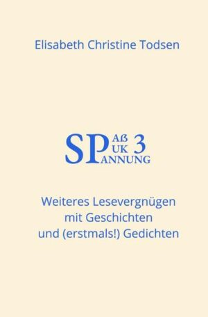 Dies ist der dritte und letzte Band der Trilogie Spaß Spuk Spannung. Auch diesmal lassen die Geschichten meist nicht an ihren Titeln erkennen, ob sie lustig, gruselig, fesselnd oder mehreres davon zugleich sind. Oft zeigt sich dies erst in der Schlusspointe… Erstmals enthält dieser Band auch Gedichte, von ernsthaften Themen bis hin zu lustigen englisch-deutschen Vokabelversen. Zum dritten Mal ein Lesevergnügen!