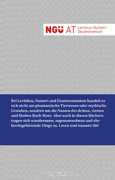 Drei weitere Bücher der Bibel kommen zur Übersetzung des Alten Testaments der NGÜ dazu. Somit sind nun alle fünf Bücher Mose (der Pentateuch) übersetzt. Die Übersetzung erfolgt als Zusammenarbeit des Brunnen Verlags mit der Deutschen Bibelgesellschaft und der Genfer Bibelgesellschaft. Zum Inhalt von 3.-5. Buch Mose: Die Zeit der Wüstenwanderung, die Festlegung der gesetzlichen Vorschriften und Gebote, die Vorbereitungen zum Einzug ins verheißene Land-in der bewährten Übersetzungsmethodik liegen nun auch Levitikus, Numeri und Deuteronomium vor. Die „Neue Genfer Übersetzung“ überzeugt durch ihre Übersetzungsmethodik: Sprachliche und inhaltliche Genauigkeit hat oberste Priorität, verbunden mit einer natürlichen und zeitgemäßen Sprache. Auf den exakten Wortlaut des Urtextes wird in umfangreichen Anmerkungen hingewiesen. „Exegetisch-theologisch von einzigartiger Qualität- Gleichzeitig dank aktuellem Sprachstil einwandfrei verständlich.“ Prof. Dr. Heinrich von Siebenthal „Ich bin begeistert von der Neuen Genfer Übersetzung, weil sie einerseits den Grundtext sehr präzise erfasst und andererseits in einem natürlichen, zeitgemäßen und verständlichen Deutsch geschrieben ist. Es gibt meines Erachtens keine andere deutsche Bibelübersetzung, die diese beiden Charakteristika so konsequent miteinander verbindet.“ Uli Probst, Übersetzer