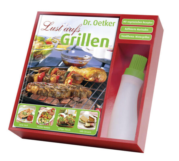 Aroma-Kick beim Grillen. Das I-Tüpfelchen von zartem und aromatischem Grillfleisch ist die Marinade. Und damit man diese noch einfacher und ohne Kleckereien auf das Fleisch auftragen kann, gibt es jetzt von Dr. Oetker das Grill-Set mit dem ""Marinier-Profi"": Pinsel und Flasche in einem, aus hochwertigem Silikon, leicht zu befüllen und ebenso leicht zu reinigen. Passend dazu gibt es ein Buch mit rund 45 leckeren Rezepten für jede Jahreszeit - inklusive Wintergrillen. Mit Tipps und Marinaden für Fleischfans und Vegetarier. Das ideale Geschenk für Grillprofis und alle, die es werden wollen.