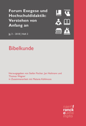 Editorial Stefan Fischer / Jan Heilmann / Thomas Wagner Hauptbeiträge Lukas Bormann Nur ein einziges Buch. Bibelkunde als hochschuldidaktische Herausforderung in den modularisierten Studiengängen der Ev. Theologie Matthias Hopf Bibelkenntnis statt Bibelkunde. Erwägungen zum Umgang mit biblischen Texten in der Integrationsphase des Pfarramts-/Masterstudiums Thomas Wagner Bibelkunde als E-Learning-Kurs. Eine Projektskizze Carl Henrich / Sarah Krebs / Jennifer Schaaf / Jessica Schaaf Bibelkunde als Studieninhalt. Ein Interview mit Studierenden in Pfarr- und Lehramtsstudiengängen sowie in den Religionswissenschaften Lehr-/Lernbeispiele Florian Oepping Speeddating-Speedhating. Ein innovatives Lehrbeispiel zu den zwölf kleinen Propheten Nils Neumann "... denn eine Volksmenge war an dem Ort" (Joh 5,13). Das Johannesevangelium in der Großgruppe erschließen Frontend Nathanael Lüke www.bibelwissenschaft.de. Das wissenschaftliche Portal der Deutschen Bibelgesellschaft Rezensionen Thomas Hieke / Benedict Schöning: Methoden alttestamentlicher Exegese, Darmstadt 2017 (Theologie kompakt), 172 Seiten, ISBN 978-3-534-26877-1, EUR19,95 (kartoniert), ISBN 978-3-534-74233-2, EUR 15,99 (e-Book/PDF) rezensiert von Carolin Neuber Lukas Bormann: Theologie des Neuen Testaments. Grundlinien und wichtigste Ergebnisse der internationalen Forschung, Basiswissen Theologie und Religionswissenschaft, UTB 4838, Göttingen 2017, 424 Seiten, ISBN 978-3-8252-4838-3 rezensiert von Susanne Luther Interview mit ... Martin Rösel