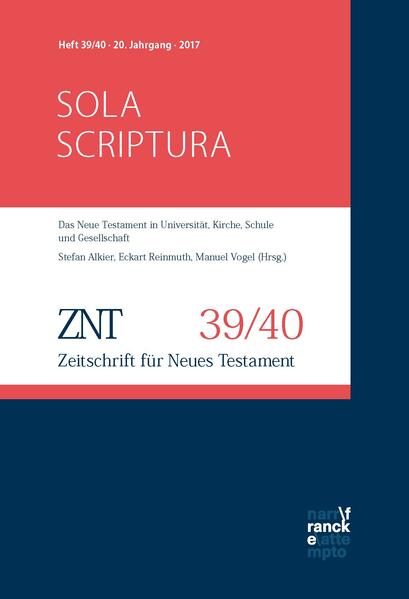 Dieses Sonderheft der ZNT nimmt sich im Reformationsjahr 2017 aus neutestamentlicher Sicht eines reformatorischen Kernthemas an: Sola Scriptura. In der Fülle der Publikationen zum Reformationsjahr besteht das Besondere dieses Heftes darin, dass es sich konsequent auf die exegetische Perspektive in protestantischer Tradition konzentriert und die Stimmen von 15 evangelischen Neutestamentlerinnen und Neutestamentlern um die Frage versammelt, welche Rolle dem protestantischen Schriftprinzip heute aus exegetischer und theologischer Sicht zukommt. Mit Beiträgen von Stefan Alkier, Eve-Marie Becker, Claire Clivaz, Jan Dochhorn, Kristina Dronsch, Matthias Klinghardt, Matthias Konradt, Karl-Wilhelm Niebuhr, Petr Pokorný, Eckart Reinmuth, Günter Röhser, Gerd Theißen, Manuel Vogel, Peter Wick, Oda Wischmeyer