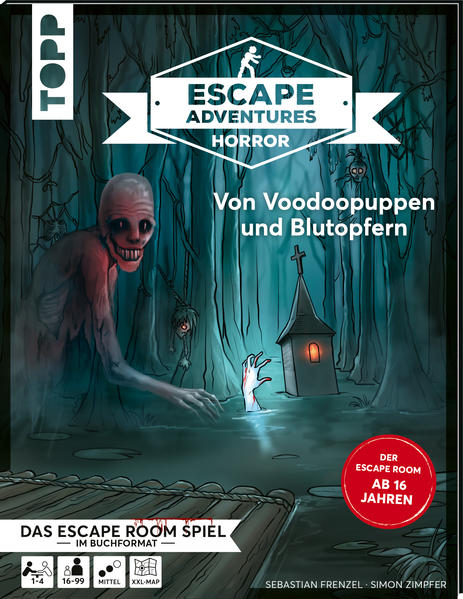 Nehmt euch in Acht, dieser Escape Room wird das Blut in euren Adern gefrieren lassen! Blutrausch, Sumpfleichen, Geister mit hässlichen Fratzen – das perfekte Szenario für alle, die ein wenig Horror vertragen können. Werdet ihr überleben und den Exit aus dem schaurigen Abenteuer finden? Ihr könnt dem Bösen nur entkommen, wenn ihr alle Rätsel löst und das Geheimnis von Voodoopuppen und Blutopfern lüftet. Die XXL- Mystery- Map weist euch den Weg durch den verfluchten Wald, einen Sumpf voller Gefahren und viele entsetzliche Orte mehr. Mehr Story, mehr Interaktion, mehr Escape Room! In den Escape Adventures steht das Erlebnis an erster Stelle. Spielt alleine oder mit Freunden und löst alle Rätsel, bevor die Zeit abgelaufen ist. Das Buch wird beschrieben, zerschnitten und beklebt! Merkwürdige Gegenstände bringen euch an die Grenzen eures Verstandes. Doch wer um die Ecke denken kann, gewinnt! Worauf wartet ihr noch? Eine Welt voller Horror, Geister und blutiger Gefahren wartet auf euch! Das perfekte Spiel für alle Escape- Room- Fans ab 16 Jahren! Schwierigkeitsgrad: Mittel Spieler: 1–4 Spieldauer: 90–120 Minuten Ab 16 Jahren