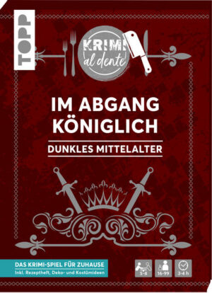 Für 5 bis 8 Spieler Dauer: 3 bis 4 Stunden Alter: 16- 99 Jahre Tauche mit deinen Gästen ein in einen spannenden, unterhaltsamen und mörderischen Abend auf einer Burg im späten Mittelalter. Während des Krimi- Dinners müssen du und deine Gäste einen Mordfall aufklären. Versucht, durch gezielte und taktische Fragen an Informationen zu kommen, die euch auf die Spur des Täters oder der Täterin führen. Durch Kombinieren und Ausschlussverfahren kommt ihr dem Täter vielleicht auf die Schliche. Zusätzlich zum Krimifall sind in dieser Mappe tolle Extras enthalten: Ein Rezeptheft mit passenden Menüvorschlägen sowie Tipps für Verkleidungen und Dekorationen machen deinen Abend noch unvergesslicher. Worauf wartest du noch? Lade deine Gäste ein und genießt zusammen einen spannenden Abend. Ideal für Geburtstage, einen Abend mit Freunden oder der Familie.