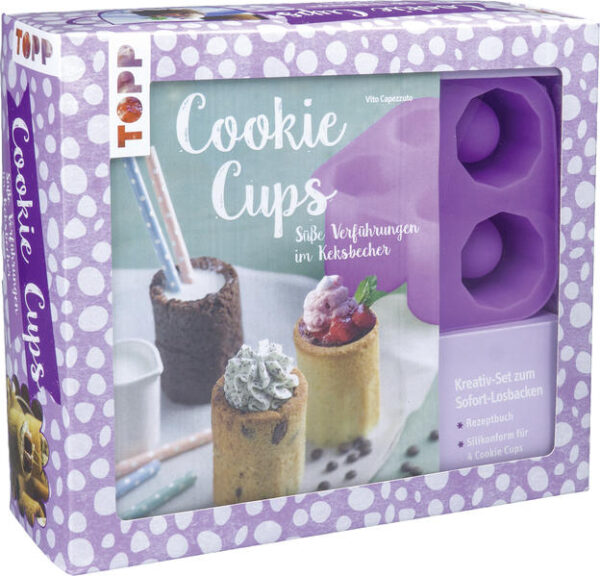 Lassen Sie sich von dem neuen Dessert-Trend inspirieren: Cookie Cups! Eine unwiderstehliche Kombination aus verführerischen Füllungen in leckeren Keksbechern, von denen man gar nicht genug bekommen kann. In diesem Set erhalten Sie alles, was Sie dafür brauchen, um sofort loszulegen: ein 32-seitiges Buch mit ausführlichen Anleitungen für einen Grundteig und Rezepten für vielfältige Füllungen von flüssig bis cremig, fruchtig bis schokoladig, heiß oder kalt und einer Silikonbackform für 4 Cups. Damit sorgen Sie garantiert für das Highlight beim nächsten Kaffeetratsch mit ihren Liebsten.