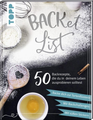 Schwarzwälder Kirschtorte, Macarons oder Berliner – 50 Back-Klassiker aus aller Welt, die man mindestens einmal im Leben gebacken haben sollte. Mit ansteigendem Schwierigkeitsgrad und Aufwand werden aus Backnovizen bald Tortenflüsterer. Mit Challenges zum Mitmachen, Stickern zum Tracken des eigenen Fortschrittes, viel Platz für eigene Notizen und Bilder und Punktesystem bis hin zur „TOPP-Meisterprüfung“. Die ultimative Bucket-List fürs Backen zum Sammeln, Mitmachen, Teilen und Genießen.