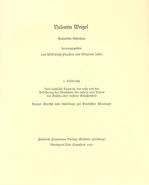 Valentin Weigels mystisch-spekulative Theologie ist der Höhepunkt der deutschen Mystik im 16. Jahrhundert. Traditionsströme der verschiedensten Herkunft vereinigen sich in Weigels Werk. Seine protestantisch-spiritualistische Frömmigkeit, die von Sebastian Franck beeinflusst war, schöpft aus mittelalterlicher Mystik, vornehmlich aus Eckart, Tauler und der ›Theologia Deutsch‹. Sein Denken nimmt von Boethius neuplatonische, von Paracelsus naturphilosophische Ideen in sich auf und gestaltet sie in christologisch-kosmosophischen Spekulationen aus. Die Fortwirkung seiner Gedanken, die oft unerwartet hervortreten, wie bei Johannes Arndt und Kepler, stellt der Forschung viele ungelöste Aufgaben, besonders im Hinblick auf das Verhältnis Böhmes zu Weigel und zum Weigelianismus. Sie werden aufgrund dieser Weigel-Ausgabe, die auch die unechten Schriften miteinbezieht, gelöst werden können. Diese erste kritische Gesamtausgabe der Schriften Valentin Weigels beruht auf den grundlegenden Forschungen Winfried Zellers. Seine Untersuchung der handschriftlichen Überlieferung erbrachte die Klärung der bislang strittigen Echtheitsfragen, die Feststellung der sicher echten Weigel-Schriften und ihrer Chronologie und führte zur Entdeckung bisher unbekannter Handschriften.