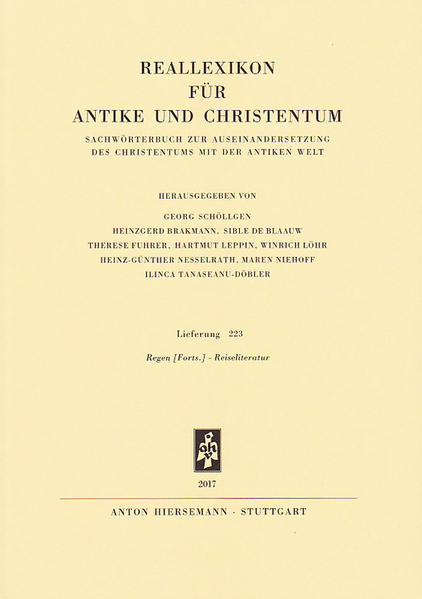 Lieferung 223 (6. Lieferung von Band XXVIII / Spalten 801-960) Regen Forts.-Reiseliteratur Das auf etwa 35 Bände angelegte Reallexikon für Antike und Christentum ist das zentrale und umfassende Nachschlagwerk zur Erforschung der Spätantike, also der Epoche, die etwa die ersten fünf christlichen Jahrhunderte umfasst. In dieser Zeit nahm das Christentum Gestalt an, und zwar im Rahmen der antiken Kultur mit ihren mannigfachen heidnischen und jüdischen Traditionen. Daraus ergibt sich die Fragestellung der Artikel des RAC: Wie hat die christliche Botschaft, einer nichtchristlichen Umwelt gepredigt und von ihr angenommen oder abgelehnt, das Empfinden, Denken und Verhalten dieser Menschen beeinflusst? Und in welcher Weise haben sich die Christen bei der Herausbildung ihrer eigenen Lehre, ihrer sozialen Organisation, ihrer Gebräuche und Verhaltensnormen von den bestehenden Traditionen ihrer nichtchristlichen Umwelt bestimmen lassen? Die allmähliche Einordnung der christlichen Kirche in Staat und Gesellschaft der griechischrömischen Welt und ihrer Nachbargebiete war der bedeutsamste Vorgang in der Spätantike und legte das Fundament der mittelalterlichen und neuzeitlichen Kultur. Deshalb werden im RAC nicht nur bestimmte Erscheinungen des religiösen Lebens, theologisch bedeutsame Begriffe und Vorstellungen in aller nötigen Tiefe dargestellt. Vielmehr finden Staat und Gesellschaft, Recht und Wirtschaft, Literatur, Kunst und Wissenschaften, Alltagsleben und materielle Kultur unter dem Gesichtspunkt der Auseinandersetzung des Christentums mit der antiken Welt insgesamt Berücksichtigung. Die Publikation des RAC wird als Vorhaben der Nordrhein-Westfälischen Akademie der Wissenschaften und der Künste im Rahmen des Akademieprogramms von der Bundesrepublik Deutschland und dem Land Nordrhein-Westfalen gefördert. Die Redaktion liegt beim Franz Joseph Dölger-Institut der Universität Bonn. Die Herausgeber: Georg Schöllgen ist Professor für Alte Kirchengeschichte und Patrologie an der Universität Bonn und Direktor des Franz Joseph Dölger-Instituts zur Erforschung der Spätantike. Heinzgerd Brankmann war Wissenschaftlicher Mitarbeiter und von 1995-2009 Stellvertretender Direktor des Franz Joseph Dölger-Instituts. Sible de Blaauw ist Professor für Frühchristliche Kunst und Architektur an der Radboud Universität in Nijmegen/Niederlande. Therese Fuhrer ist Professorin für Lateinische Philologie der Antike an der Universität München. Hartmut Leppin ist Professor für Alte Geschichte an der Universität Frankfurt a. M. Winrich Löhr ist Professor für Historische Theologie (Antike und Mittelalter) an der Universität Heidelberg. Heinz-Günther Nesselrath ist Professor für Klassische Philologie an der Universität Göttingen. Maren Niehoff ist Professorin für Jüdische Philosophie der Antike an der Hebrew University in Jerusalem/Israel. Ilinca Tanaseanu-Döbler ist Professorin für Religionswissenschaft an der Universität Göttingen. Fachlexikon / Reference Work