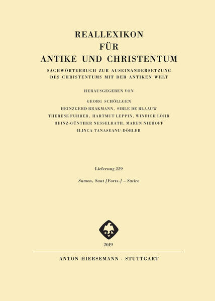 Herausgegeben von Georg Schöllgen, Heinzgerd Brakmann, Sible de Blaauw, Therese Fuhrer, Hartmut Leppin, Winrich Löhr, Heinz-Günther Nesselrath, Maren Niehoff, Ilinca Tanaseanu-Döbler Das auf etwa 35 Bände angelegte Reallexikon für Antike und Christentum ist das zentrale und umfassende Nachschlagwerk zur Erforschung der Spätantike, also der Epoche, die etwa die ersten fünf christlichen Jahrhunderte umfasst. In dieser Zeit nahm das Christentum Gestalt an, und zwar im Rahmen der antiken Kultur mit ihren mannigfachen heidnischen und jüdischen Traditionen. Die allmähliche Einordnung der christlichen Kirche in Staat und Gesellschaft der griechisch-römischen Welt und ihrer Nachbargebiete war der bedeutsamste Vorgang in der Spätantike und legte das Fundament der mittelalterlichen und neuzeitlichen Kultur. Deshalb werden im RAC nicht nur bestimmte Erscheinungen des religiösen Lebens, theologisch bedeutsame Begriffe und Vorstellungen in aller nötigen Tiefe dargestellt. Vielmehr finden Staat und Gesellschaft, Recht und Wirtschaft, Literatur, Kunst und Wissenschaften, Alltagsleben und materielle Kultur unter dem Gesichtspunkt der Auseinandersetzung des Christentums mit der antiken Welt insgesamt Berücksichtigung. Inhalt Samen, Saat Forts.: Anneliese Felber (Graz)