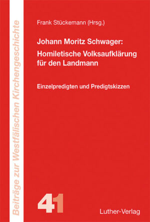 Johann Moritz Schwager (1738-1804), Landpfarrer in Jöllenbeck in der Grafschaft Ravensberg und „Volksaufklärer par excellence“ (Reinhart Siegert), hatte mit dem Predigtbuch zur Beförderung bürgerlicher Glückseligkeit (Berlin, Stettin 1794, 21806) ein Muster politischer Homiletik im Spannungsfeld von Französischer Revolution und Wöllnerschem Religionsregime vorgelegt. Seine hier gesammelten Einzelpredigten und Predigtskizzen aus drei Jahrzehnten erschließen Neuland, wie Volksmedizin, Preußisches Landrecht oder philanthropinische Reformpädagogik. Neben gedruckter Predigtliteratur stehen handschriftliche Predigtskizzen für den Landmann im allsonntäglichen Gottesdienst, der program- matische Aufsatz Wie kann der gemeine Mann von der Wahrheit der christlichen Religion überzeugt werden? sowie Schwagers pfarramtliche Würdigung in der Gedächtniß Predigt seines Schwiegersohns Hermann Henrich Rothert (1761-1819), deren einziges Exemplar sich in Privatbesitz befindet. „Als Prediger hatte er eine äusserst faßliche, kernichte, ganz auf unkultivirte Landleute berechnete Predigtmanier, die aus mehrern Predigt-Magazinen und aus seinem ‚Predigtbuch‘ bekannt ist. Es möchte wohl . nicht wenig interessant seyn, eine kleine Sammlung von seinen Predigtentwürfen zu haben: man würde darin manche treffliche Materialien und viele lehrreiche Originalitä- ten finden.“-Ludwig Natorp (1774-1846). Frank Stückemann, seit 1991 Pfarrer in Soest-Meiningsen, promovierte 2009 über Schwager, gab 2013 mit W. Gödden und P. Heßelmann Sämtliche Romane und eine Reisebeschreibung Schwagers sowie den Schwager-Ausstellungsband „Er war ein Licht in Westfalen“, dann dessen Brautbriefe heraus (Veröffentlichungen der Literaturkommission Bd. 36, Bd. 54/1 u. 2, Bd. 55 u. Bd. 56).