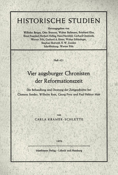 Neben dem Aufkommen von neuen Quellenarten wie Akten und Erzeugnissen der Publizistik erlebte im Zeitalter der Reformation zugleich auch die spätmittelalterliche bürgerlich-städtische Chronistik eine letzte hohe Blüte. Eine Sonderstellung innerhalb dieser Blütezeit wiederum nimmt durch ihre Dichte und ihren hohen Rang die Augsburger Chronistik ein. Um den Quellenwert von fünf der bekannteren, d. h. der edierten Augsburger Chroniken zu bestimmen, werden die fünf Quellen, denen vier verschiedene Verfasser zugrunde liegen, unter einem doppelten Gesichtspunkt untersucht. Zum einen werden die in ihnen enthaltenen Aussagen über die Stadt-, Reichs- und Kirchengeschichte, über die Zustände im Bereich des städtischen Verfassungslebens, der Wirtschaft und Fürsorge sowie über Lebensformen und Verhaltensweisen der Zeitgenossen ermittelt, um die Ergiebigkeit der Quellen an objektivem historischem Tatsachenmaterial zu untersuchen. Zum anderen soll aber auch der subjektive Bereich der Aufzeichnungen erschlossen werden, sollen also alle direkten und indirekten Angaben zum Persönlichkeitsbild, zur geistigen Struktur und zum Weltverständnis der vier Chronisten gesammelt werden, um den Wert der Quellen auf dem Gebiet der Kulturgeschichte im engeren Sinn festzustellen.