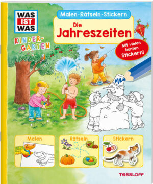 Erlebe Frühling, Sommer, Herbst und Winter, finde die Tiere auf der Blumenwiese, stickere das Obst und Gemüse ein oder male den Weihnachtsbaum aus! Altersgerechte Ausmalbilder, erste spannende Rätsel mit Lösungshilfen und wieder ablösbare Sticker zum Gestalten laden Kinder ab 3 Jahren zu Spiel, Spaß und Abenteuer ein.