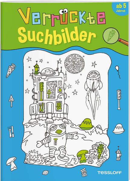 Ein Hai im Eisladen, eine Rakete im Garten und eine Gitarre auf dem Meeresgrund? 10 oder mehr Gegenstände sind in jedem Bild versteckt. Wer findet sie? Die 26 verrückten Szenen können in bunten Farben ausgemalt werden. Mit Lösungsteil!