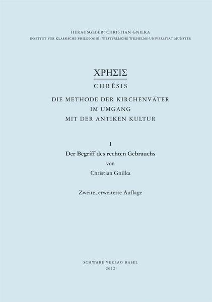 Die Studie untersucht die Geschichte des Grundbegriffs, welcher der ganzen Serie den Namen gibt, von der Sophistik (um 400 v. Chr.) bis zu den byzantinischen Autoren des 7./8. Jahrhunderts n. Chr. Sie weist nach, dass die Kirchenväter mit Bedacht einen Leitbegriff antiker Ethik (Medizin, Jurisprudenz) wählten, um das eigene Verfahren im Umgang mit der antiken Kultur zu bezeichnen. Ein Kapitel behandelt das Bild der Bienenarbeit, durch das die Väter ihre Methode veranschaulichen. In der zweiten, stark erweiterten Auflage wurden mehrere Kapitel ergänzt, einige neu hinzugefügt, das Ganze durch ein Register der Stellen, der griechischen und lateinischen Terminologie, der Namen und Sachen erschlossen. Farbabbildungen zeigen die einzige erhaltene Darstellung der personifizierten Chrêsis auf einem antiken Mosaik.  