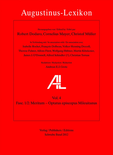 Liste der Lemmata, die im Doppelfaszikel 1/2 des vierten Bandes enthalten sind, sowie der Autoren des jeweiligen Beitrags: Meritum (V.H. Drecoll, Tübingen) Metallum (W. Hübner, Münster) Miles (F.H. Russell, Newark, N.J., USA) Militia christiana (G. Lawless, Roma) Mille (J.K. Coyle , Ottawa, Canada) Minister, ministerium (R. Dodaro, Roma) Mirabilia, miraculum (J.-M. Roessli, Montreal, Canada) Miseri, miseria (T.F. Martin , Villanova, Pa., USA) Misericordia (V.H. Drecoll, Tübingen) Modus (L. Ayres, Durham, England) Monachus (A.E.J. Grote, Würzburg) Monasterium (A.E.J. Grote, Würzburg) Monnica (L.C. Seelbach, Bochum) Morbus (I. Bochet, Paris) Mores (J.K. Coyle , Ottawa, Canada) Moribus ecclesiae catholicae et de moribus Manicheorum (De -) (J.K. Coyle , Ottawa, Canada) Mors, mortalitas (H. Kotila , Helsinki) Mos maiorum (H.A. Gärtner, Heidelberg) Motus (C. Tornau, Würzburg) Moyses (M. Dulaey, Paris) Mulier (L.C. Seelbach, Bochum) Multitudo (J. Trelenberg, Hemer, Deutschland) Multum ?Vnum-multum Mundus (M.-A. Vannier, Metz) Muscipula (A. Eisgrub, Hof) Musica (W. Hübner, Münster) Musica (De -) (F. Hentschel, Gießen) Mutabile-inmutabile (C. Pietsch, Münster) Mysterium (R. Dodaro, Roma) Narratio (T. Uhle, Berlin) Natiuitas Christi (natalis domini) (M. Klöckener, Freiburg, Schweiz) Natura (J. Söder, Aachen) Natura boni (De -) (J.K. Coyle , Ottawa, Canada) Natura et gratia (De -) (W. Löhr, Heidelberg) Nauigius (A. Fitzgerald, Villanova, Pa., USA) Nebridius (E. Bermon, Bordeaux) Necessitas (M. Djuth, Buffalo, N.Y., USA) Negotium ?Otium-negotium Nequitia (V.H. Drecoll, Tübingen) Nescio quem Donatistam (Contra -) (J.J. ODonnell, Washington, D.C. ) Nihil (T. Fuhrer, Berlin) Nisi credideritis, non intellegetis ?Esaias Noe (M. Dulaey, Paris) Noli foras ire ?Foris-intus Nomen (M. Sirridge, Baton Rouge, La., USA) Nosse ?Notitia (nosse) Nota, notarius (W. Hübner, Münster) Notitia (nosse) (J. Brachtendorf, Tübingen) Nouatiani, Nouatianus (A. Fitzgerald, Villanova, Pa., USA) Nouerim me, nouerim te (C. Müller, Würzburg) Nouus ?Vetus-nouus Nox ?Dies, dies-nox Numerus (C. Horn, Bonn) Nummularius (V.H. Drecoll, Tübingen) Nunc-tunc (C. Müller, Würzburg) Nuptiae (P. van Geest, Utrecht/Amsterdam) Nuptiis et concupiscentia (De -) (J. Lössl, Cardiff, Wales) Oboedientia (M. Schrama, Utrecht) Octauae (M. Klöckener, Freiburg, Schweiz) Octo Dulcitii quaestionibus (De -) (M. Dulaey, Paris) Octo quaestionibus ex ueteri testamento (De -) (M. Dulaey, Paris) Oculus (K. Schlapbach, Ottawa, Canada) Odium (D. Dideberg, Bruxelles) Officium (H.A. Gärtner, Heidelberg) Oleum, oliua (A. Zerfaß, Mainz) Operatio, opus (V.H. Drecoll, Tübingen) Opere monachorum (De -) (A.E.J. Grote, Würzburg) Opinio (T. Fuhrer, Berlin) Optatus episcopus Mileuitanus (H.-J. Sieben, Frankfurt a.M.)